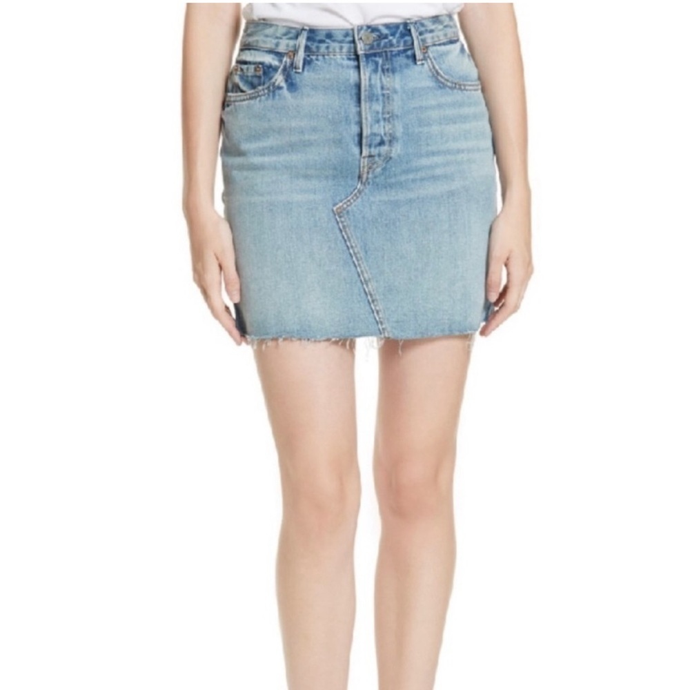GRLFRND | Blaire Denim Mini Skirt 31/12 Blue High Rise Raw Hem Touch‎ The Floor